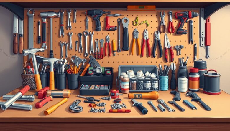 home repair tools organized on workbench